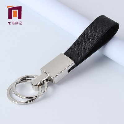 黑色皮飾金屬鑰匙扣 汽車(chē)配件創(chuàng)意小禮品logo金屬鑰匙扣